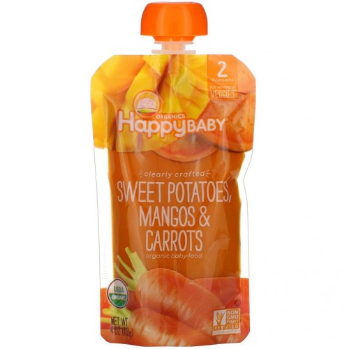 Happy Family Organics, Happy Baby, 유기농 이유식, 6개월 이상, 고구마, 망고 및 당근 함유, 113g(4oz)