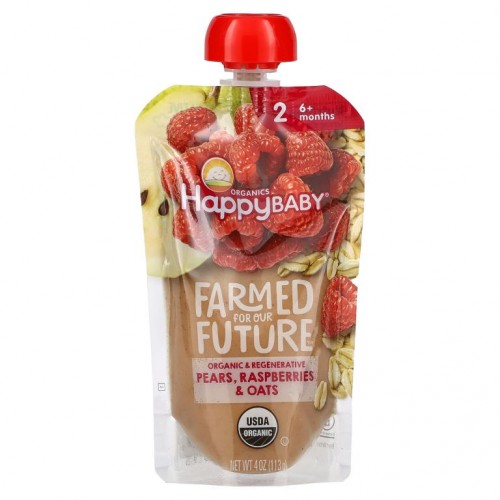 Happy Family Organics, Happy Baby, Farmed For Our Future, 6개월 이상, 유기농 배, 라즈베리, 귀리, 각 113g(4oz)