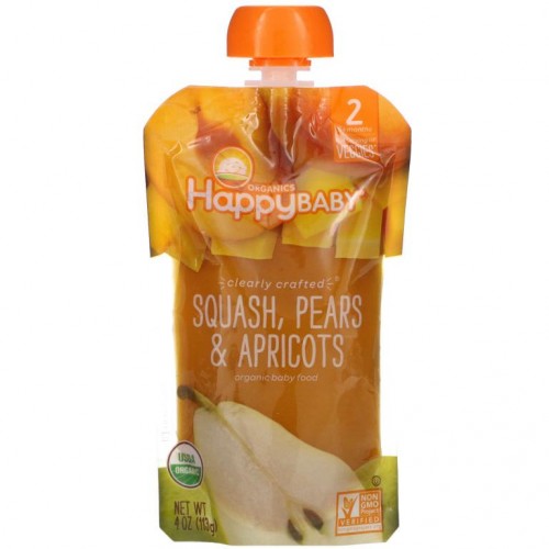 Happy Family Organics, Happy Baby, Organic Baby Food, Stage 2, 6 + Months, Squash, Pears & Apricots, 4 oz (113 g)