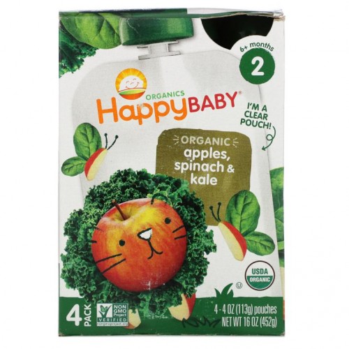 Happy Family Organics, Happy Baby, Organics, Stage 2, 6+ Months, Apples, Spinach & Kale, 4 Pouches, 4 oz (113 g) Each