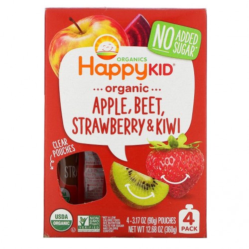 Happy Family Organics, Happy Kid, 유기농 사과, 비트, 딸기 & 키위, 파우치 4개, 개당 90g(3.17oz)
