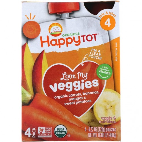 Happy Family Organics, Happy Tot, 러브 마이 베지스, 당근, 바나나, 망고 및 고구마, 파우치 4개 - 각 120g(4.22oz)