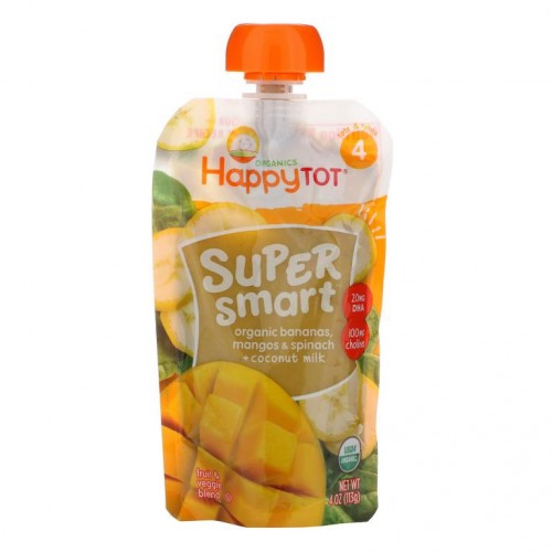 Happy Family Organics, Happy Tot, 수퍼 스마트, 혼합 과일 및 채소, 4단계, 유기농 바나나, 망고 및 시금치 + 코코넛 우유, 113g(4oz)