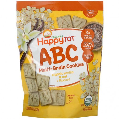 Happy Family Organics, Happy Tot, ABC 멀티그레인 쿠키, 유기농 바닐라 및 귀리 + 아마씨, 125g(4.4oz)