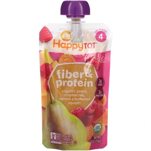 Happy Family Organics, Happytot, 섬유소 & 단백질, 4단계, 유기농 배, 라즈베리, 당근 & 버터넛 스쿼시, 113g(4oz)