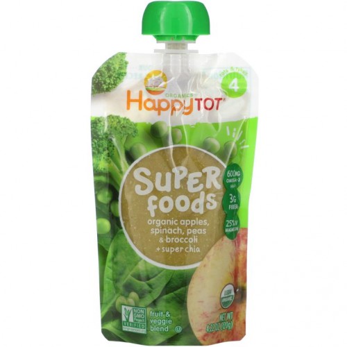 Happy Family Organics, Happytot, 슈퍼 푸드, 4단계. 유기농 사과, 시금치, 완두콩 & 브로콜리 + 슈퍼 치아, 120g(4.22oz)