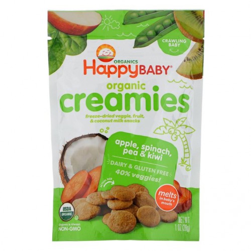 Happy Family Organics, Organic Creamies, 냉동 건조 야채, 과일 & 코코넛 밀크 스낵, 사과, 시금치, 완도콩 & 키위, 1 oz (28 g)
