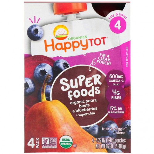 Happy Family Organics, Organic Happy Tot, 슈퍼 푸드, 유기농 배, 비트 및 블루베리 + 슈퍼 치아, 4단계, 4봉지, 각 120g(4.22oz)