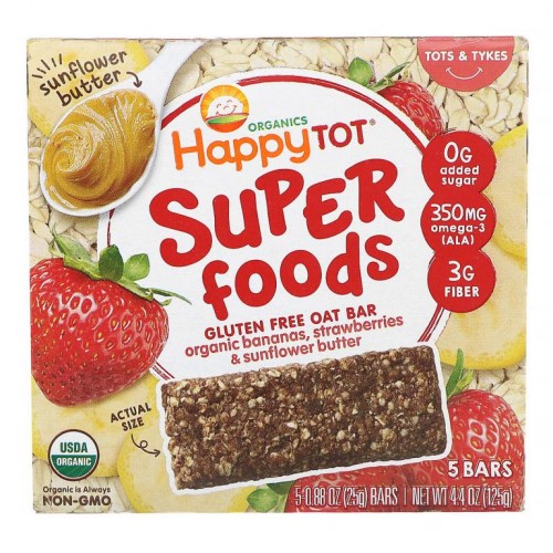 Happy Family Organics, Organics Happy Tot, 슈퍼푸드, 글루텐 무함유 오트 바, 유기농 바나나, 딸기, 해바라기 버터, 바 5개입, 각 25g(0.88oz)