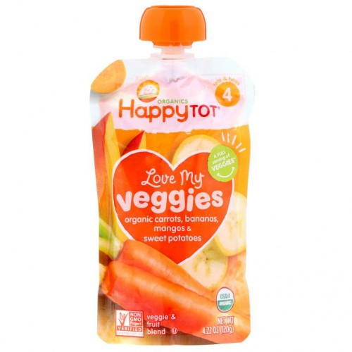 Happy Family Organics, Organics Happy Tot, 러브 마이 베지스, 유기농 당근, 바나나, 망고 & 고구마, 4.22 oz(120 g)