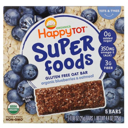 Happy Family Organics, Organics Happy Tot, 슈퍼푸드, 글루텐 무함유 오트 바, 유기농 블루베리 & 오트밀, 바 5개입, 각 25g(0.88oz)