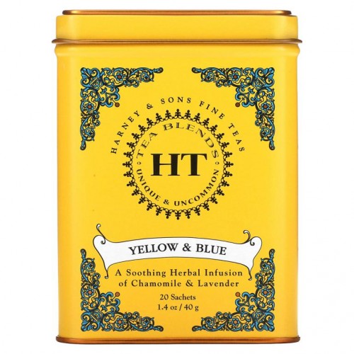 Harney & Sons, HT 티 블렌드, 노랑 & 파랑, 카밀러와 라벤더, 카페인 무함유, 티백 20봉, 40g(1.4oz)