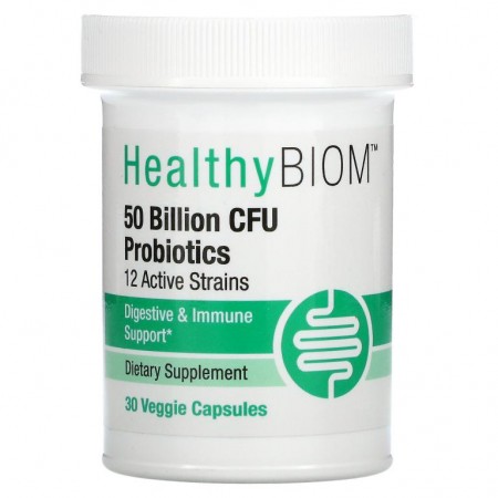 HealthyBiom, 500억 CFU 프로바이오틱, 12종 활성 균주, 베지 캡슐 30정