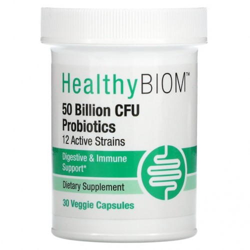 HealthyBiom, 500억 CFU 프로바이오틱, 12종 활성 균주, 베지 캡슐 30정