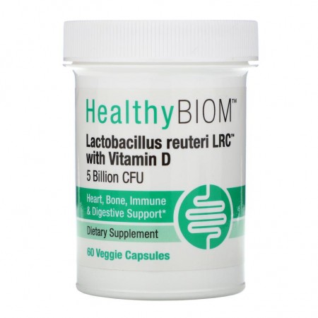 HealthyBiom, 비타민 D 함유 락토바실러스 루테리 LRC, 50억 CFU, 베지 캡슐 60정