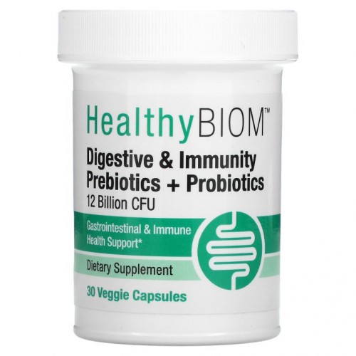 HealthyBiom, 소화 & 면역력 프리바이오틱 + 프로바이오틱, 120억 CFU, 베지 캡슐 30정
