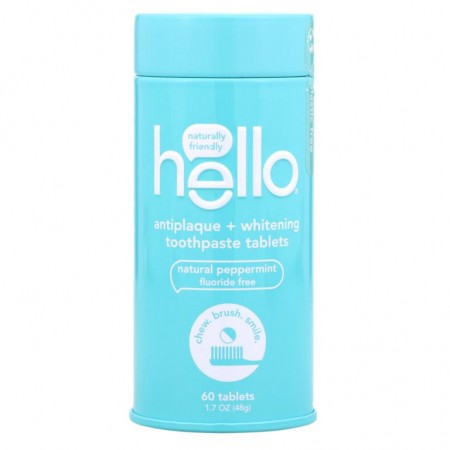 Hello, 치석 방지 + 미백 치약 정제, 천연 페퍼민트, 60정