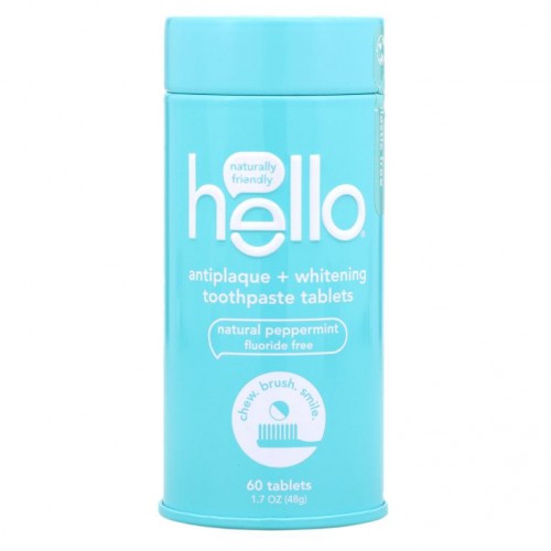 Hello, 치석 방지 + 미백 치약 정제, 천연 페퍼민트, 60정