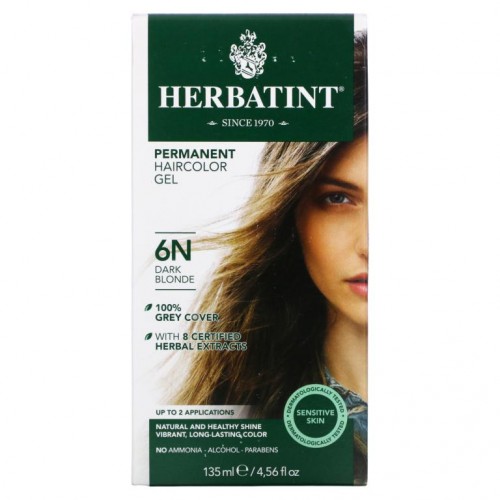 Herbatint, 퍼머넌트 헤어컬러 젤, 6N, 다크 블론드, 135ml(4.56fl oz)