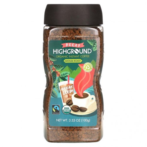 Highground Coffee, 유기농 인스턴트 커피, 미디엄 로스트, 디카페인, 100g(3.53oz)