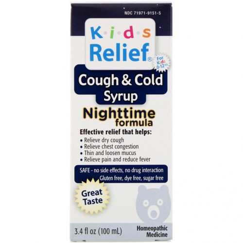 Homeolab USA, Kids Relief, 기침 및 감기 시럽, 야간용 포뮬라, 만 0~12세 어린이용, 100ml(3.4fl oz)