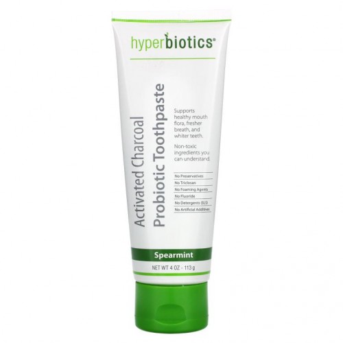 Hyperbiotics, 활성탄 프로바이오틱 치약, 스피어민트, 113g(4oz)