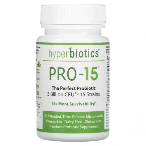 Hyperbiotics, PRO-15, 더 퍼펙트 프로바이오틱, 50억 CFU, 특허받은 서방형 마이크로펄 60정
