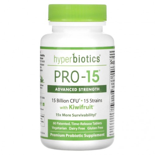 Hyperbiotics, PRO-15, 키위 함유 어드밴스드 스트렝스, 특허받은 지속 방출 태블릿 60정