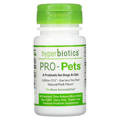 Hyperbiotics, Pro-Pets, 반려견 및 반려묘용 프로바이오틱, 천연 돼지고기, 30억CFU, 60가지 특허 성분, 서방형 소형 정제