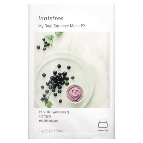Innisfree, 마이 리얼 스퀴즈 뷰티 마스크 EX, 아사이 베리, 1매, 20ml(0.67fl oz)