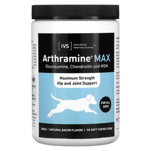 International Veterinary Sciences, Arthramine Max, Maximum Strength Hip And Joint Support, Dogs, Bacon, 90 Soft Chews
