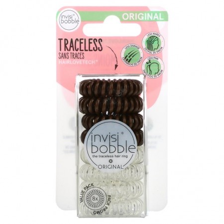 Invisibobble, Original, Traceless Hair Ring, Crystal Clear/ Pretzel Brown, 8 Pack