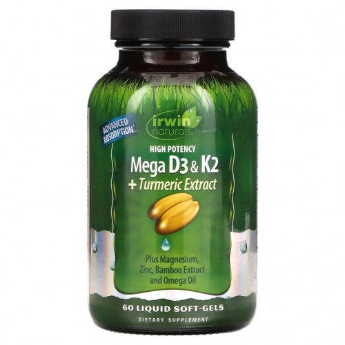 Irwin Naturals, 고효능 메가 D3 & K2 + 강황 추출물, 액상 소프트젤 60정