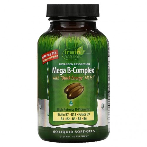 Irwin Naturals, 빠른 에너지 중쇄중성지방 함유 Mega B Complex, 액상 소프트젤 60정