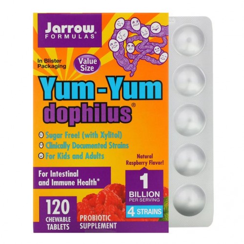 Jarrow Formulas, 염-염 도필러스, 무설탕!, 천연 라즈베리 맛, 츄어블 알약 120정