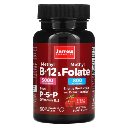 Jarrow Formulas, 메틸 B-12 & 메틸엽산, 체리 맛, 5,000mcg/800mcg, 츄어블 60정