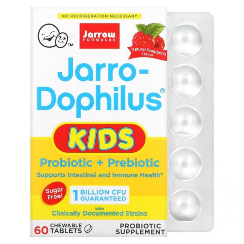 Jarrow Formulas, Jarro-Dophilus 어린이용, 프로바이오틱 + 프리바이오틱, 설탕 무함유, 천연 라즈베리 맛, 10억 생균, 츄어블 정 60정