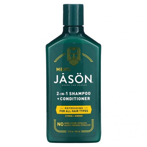 Jason Natural, Men's, 2-In-1 Shampoo + Conditioner, All Hair Types, Citrus + Ginger, 12 fl oz (355 ml)