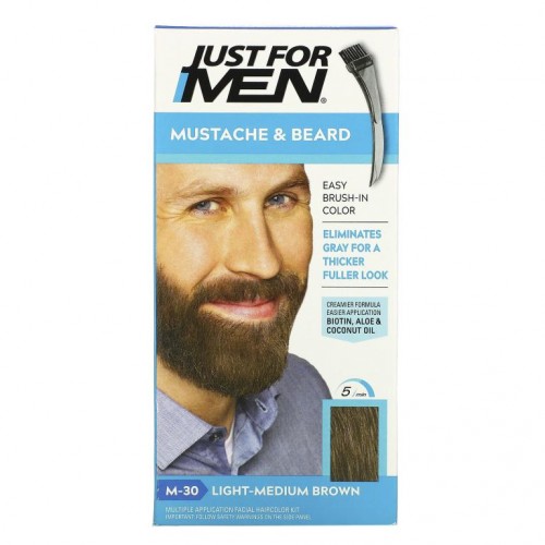 Just for Men, 콧수염 및 턱수염용, 브러시 인 염모제, M-30 라이트-미디엄 브라운, 다회용 키트 1개