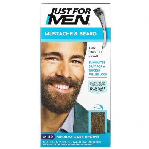 Just for Men, 콧수염 및 턱수염 용, 브러시 인 컬러, M-40 미디엄-다크 브라운, 다회용 키트 1개