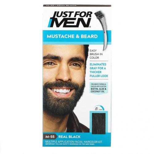 Just for Men, 콧수염 및 수염, 브러시 인 컬러 젤, 리얼 블랙 M-55, 2 x 14 g(0.5 oz)