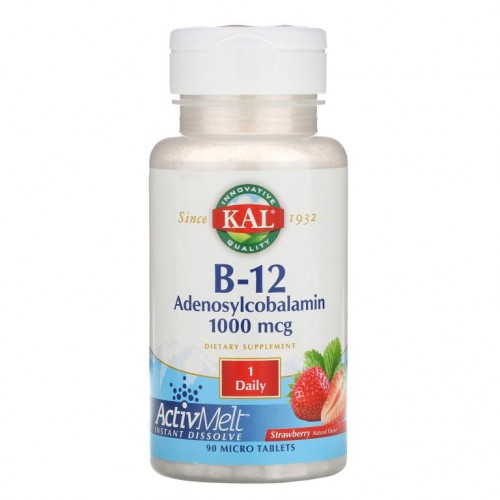 KAL, B-12 아데노실코발라민, 딸기, 1,000mcg, 마이크로정 90정