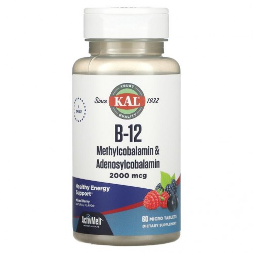 KAL, B-12 메틸코발라민 & 아데노실코발라민, 혼합 베리, 2,000mcg, 마이크로정 60정