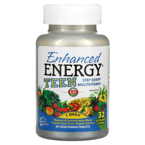 KAL, Enhanced Energy, 10대 청소년용, 기억력 & 집중력 강화 블렌드, 베지 정제 60정