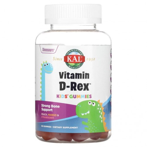 KAL, 어린이용 Vitamin D-Rex 구미젤리, 복숭아, 망고 및 딸기 맛, 구미젤리 60개