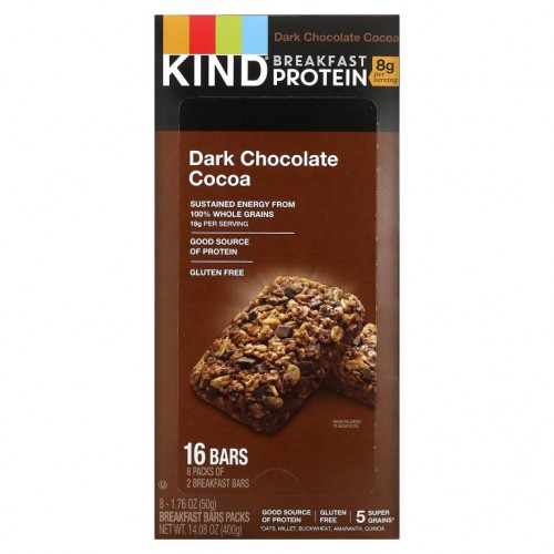 KIND Bars, Breakfast Protein, 다크 초콜릿 코코아, 바 2개씩 8팩, 각 50g(1.76oz)