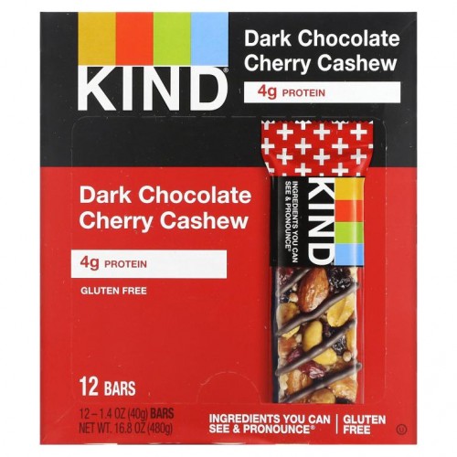 KIND Bars, Kind 플러스, 다크 초콜릿 체리 캐슈 + 항산화제, 바 12개, 개당 40g(1.4oz)