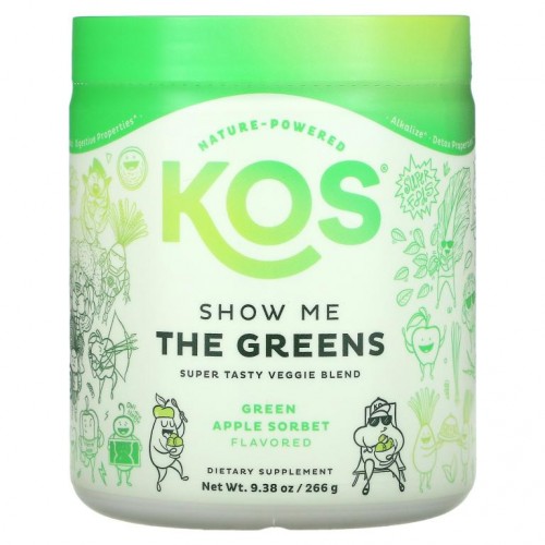 KOS, 쇼 미 더 그린즈, 슈퍼 테이스티 베지 블렌드, 그린 애플 셔벗 맛, 266g(9.38oz)
