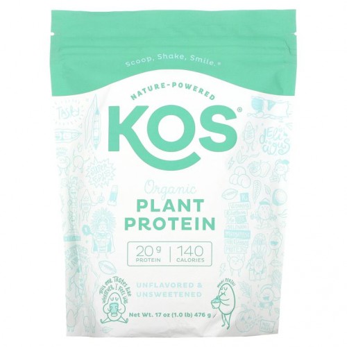 KOS, 유기농 식물성 단백질, 무맛, 476g(1lb)