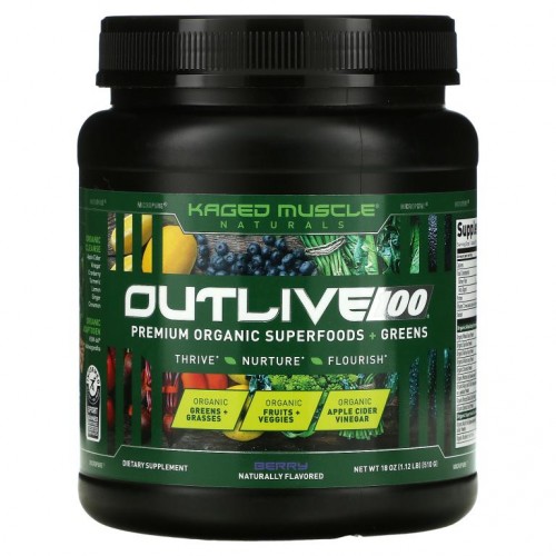 Kaged Muscle, Outlive 100, 프리미엄 유기농 슈퍼 푸드 및 녹색 채소 함유, 베리 맛, 510g(18oz)